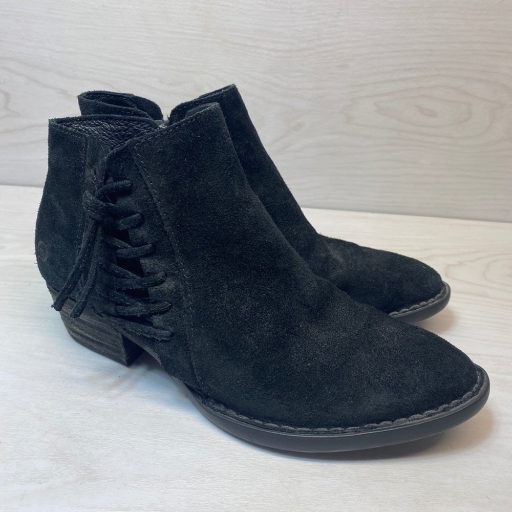 Born Womens 8 Kerri Ankle‎ Booties Side Lace Up Black Suede F36403 Boho Western